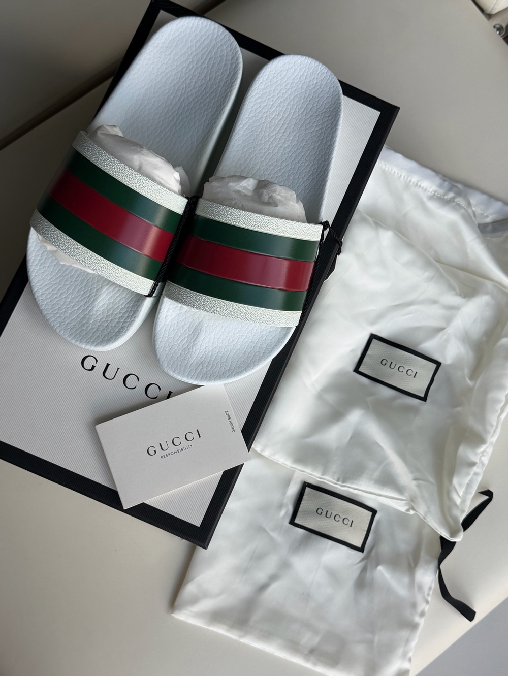 Gucci White Men’s Slide Sandals with Green & Red Stripes- New with tags and box
